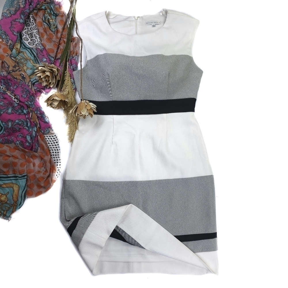 Sandra Darren Elegant Off White and Gray Striped Dress Sz 10